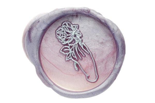 Hand Holding Rose Outline Wax Seal Stamp - Backtozero B20 - Botanical, floral, Flower, genericlonghandle, gesture, hand, hand gesture, handgesture, hands, Lavender, metallic lavender, Nature, Purple, rose