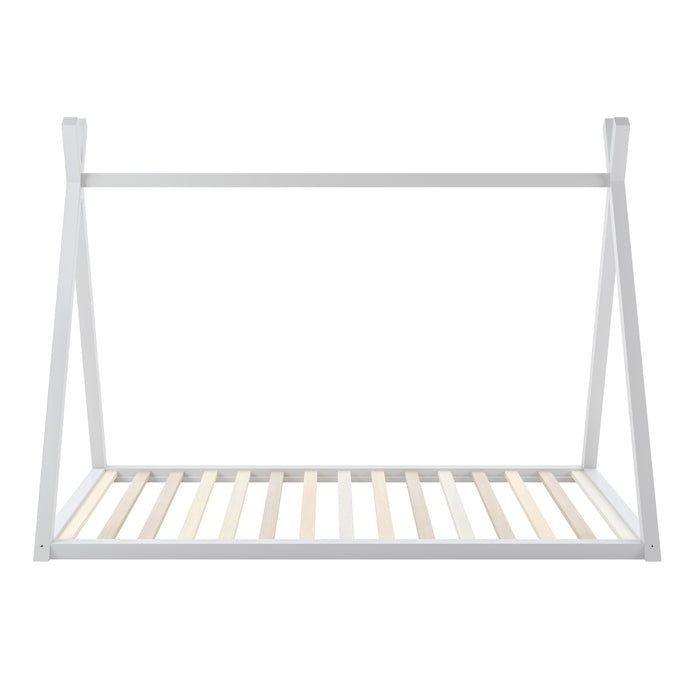Helena Kids Single Solid Pine Teepee Bed Frame in White, features a minimalist design with A-shaped house end pieces and a slatted platform, perfect for a child's creative and cozy retreat.