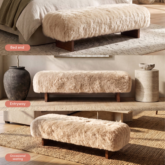 Helene Faux Fur Fabric Bench With Hardwood Legs in Beige