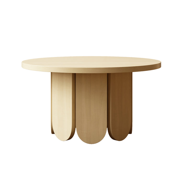 Hugo 70cm round coffee table in natural wood finish with three curved pedestal legs
