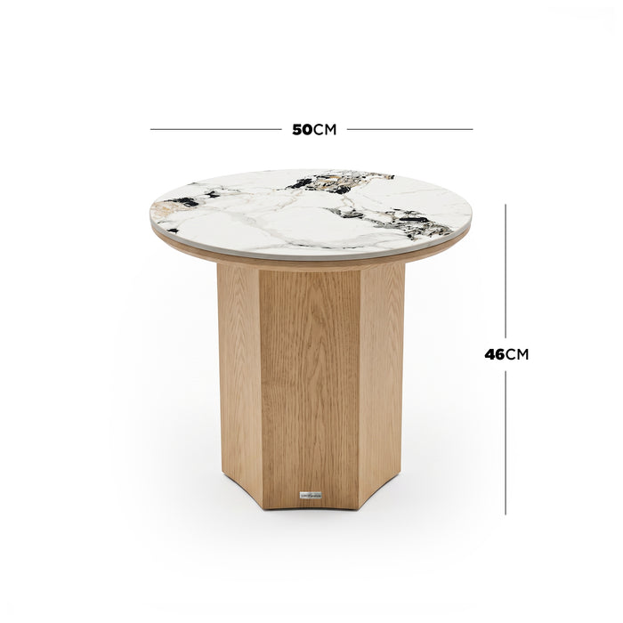 Round side table on white background with measurements showing 50 cm diameter and 46 cm height