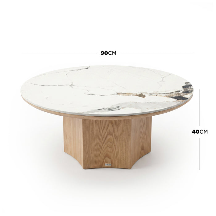 Round coffee table on white background with 90 cm diameter and 40 cm height dimensions shown