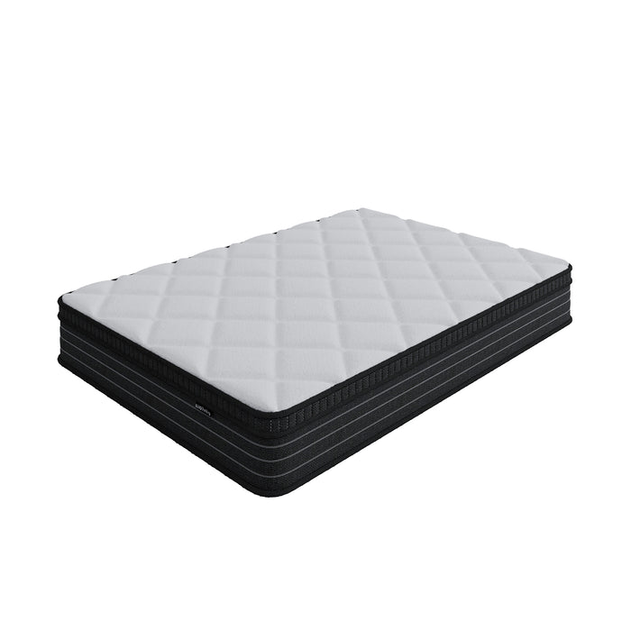 White pillow top double mattress with black base, diamond quilted top and 25cm thickness