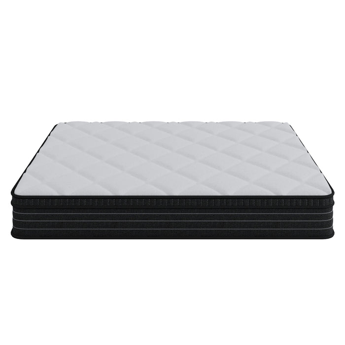 Iris Double Firm 25cm foam pillow top pocket spring mattress with white quilted top and black base, side view