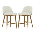 Jeremi Linen Upholstered High-Back Bar Stool Set of 2 features a white chair with a high backrest and wooden oak steel legs, showcasing modern design and ergonomic comfort.