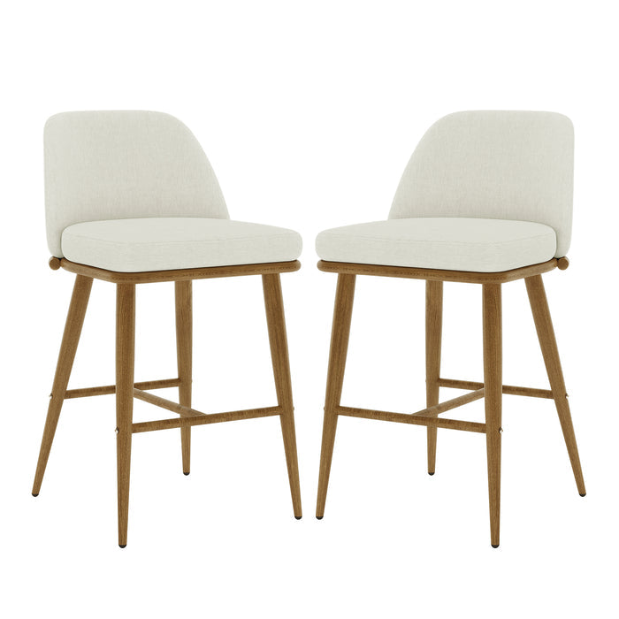 Jeremi Linen Upholstered High-Back Bar Stool Set of 2 features a white chair with a high backrest and wooden oak steel legs, showcasing modern design and ergonomic comfort.