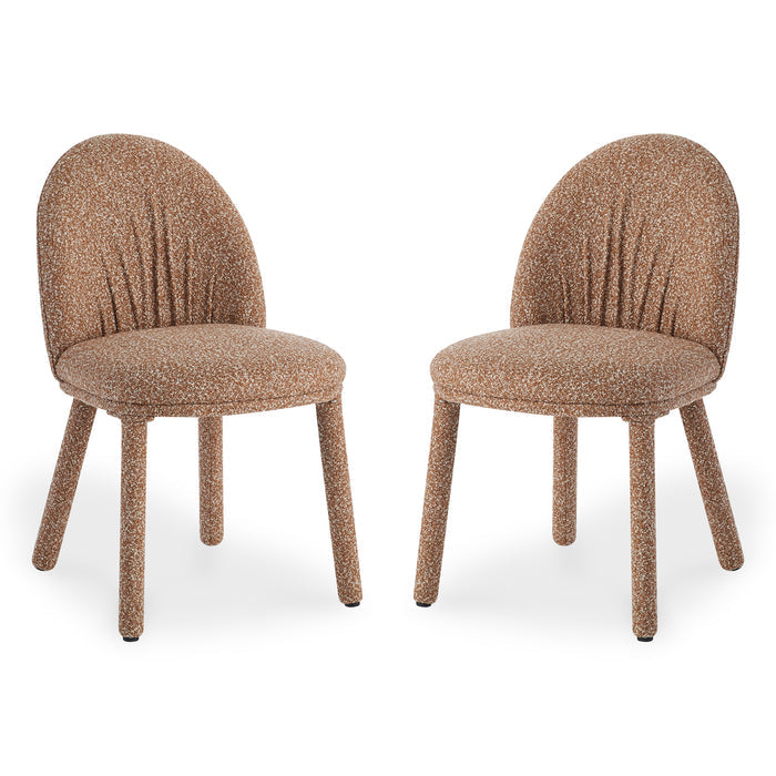 Joren Boucle Arched Dining Chair Set of 2 features oval backrests with vertical pleating, round cushioned seats, and cylindrical legs, all upholstered in textured speckled-bouclé fabric, offering supportive comfort.