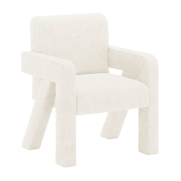 Julie Boucle Upholstered Accent Chair Cream White shown close-up, highlighting its soft boucle fabric, plush padding, and sturdy armrests, emphasizing modern design and comfort.