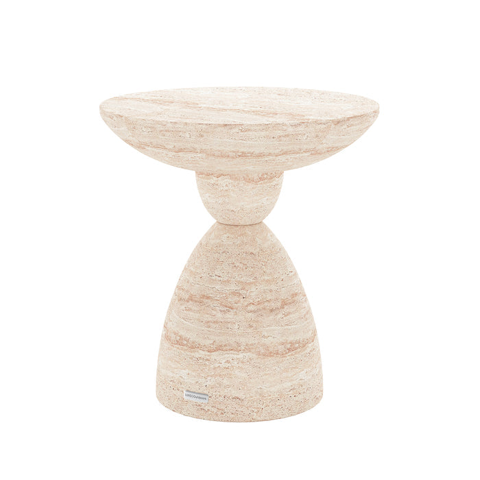 Angled view of Junia Travertine Indoor Outdoor Pedestal Concrete Side Table, showcasing its unique silhouette and texture