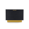 Modern black storage cabinet with gold handle and base on white background
