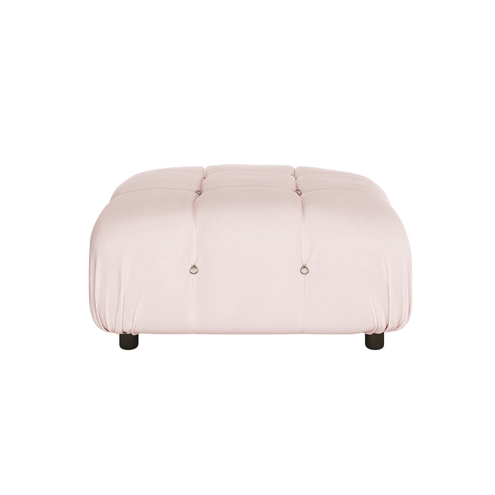 Keila Modular Tufted Ottoman in Velvet showcases a square design with grid-patterned tufts, each accented by a metal button, resting on four short black feet.