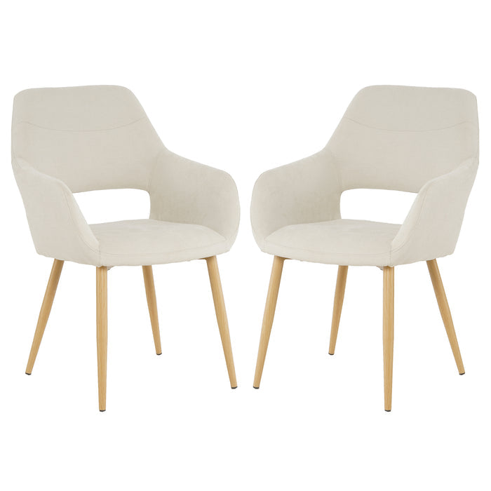 Keith Fabric Dining Chair Set of 2 in Light Beige features modern-style chairs with curved upholstered shells, integrated armrests, open lower back, and tapered light-wood legs with metal ferrules.