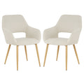 Keith Fabric Dining Chair Set of 2 in Light Beige features modern-style chairs with curved upholstered shells, integrated armrests, open lower back, and tapered light-wood legs with metal ferrules.