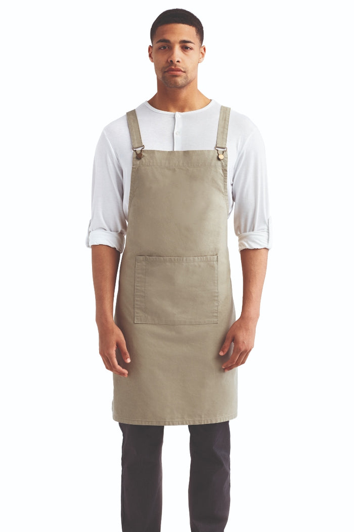 Artisan Collection by Reprime Khaki Cross Back 'Barista' Bib Adjustable Apron (1 Pocket w/ Pen Slot)