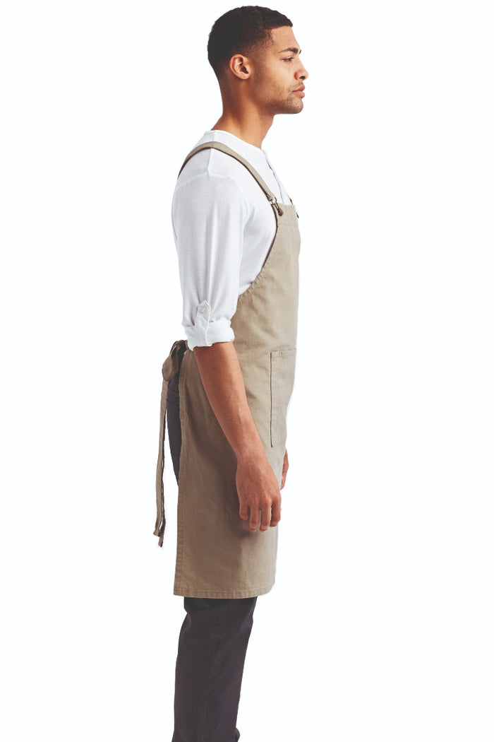 Artisan Collection by Reprime Khaki Cross Back 'Barista' Bib Adjustable Apron (1 Pocket w/ Pen Slot)