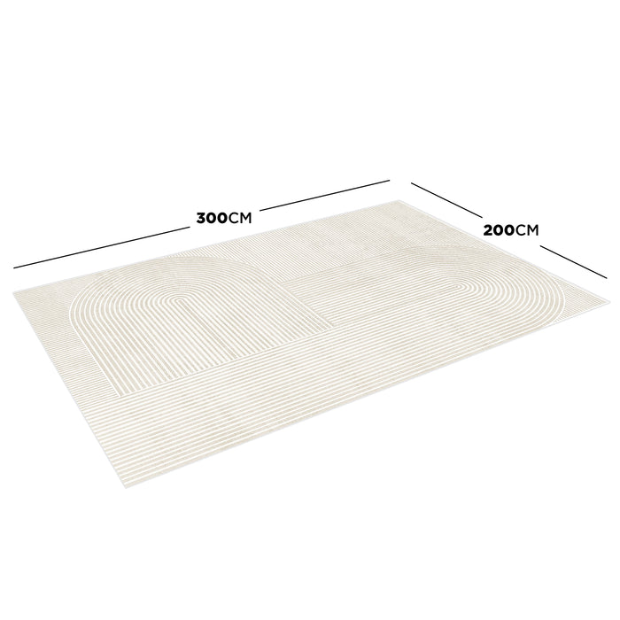Krokom 200x300cm Modern Abstract Indoor Floor Rug featuring light-colored geometric patterns, including mirrored semi-circular arches, laid flat in a spacious view showcasing its large dimensions.
