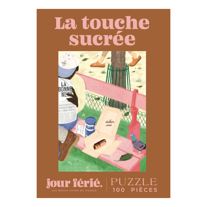 Illustration of a park bench with books, hat, drink can, baguette, and pigeon. La Touche Sucrée | 100 Piece Jigsaw Puzzle by Jour Férié—this charming puzzle is proudly made in France.