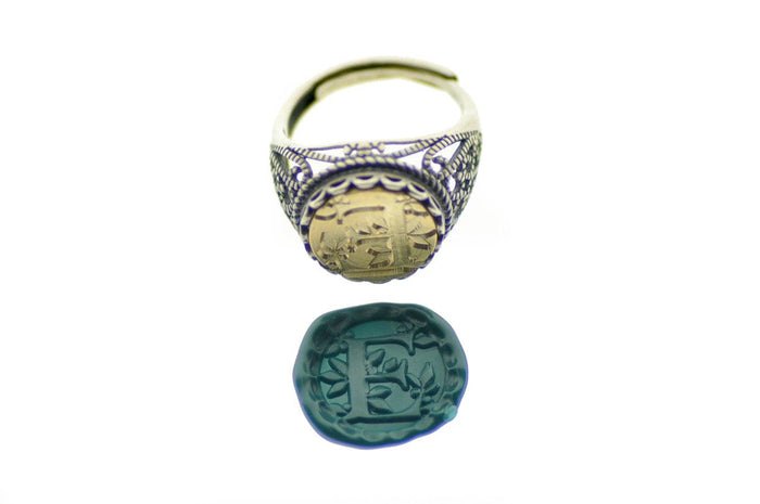 Leafy Initial Signet Ring - Backtozero B20 - 12l, 12mm, 12mm ring, 1initial, accessory, Botanical, Custom, custom ring, Fleur de Lis, her, Initial, jewelry, lace, Leaf, Nature, One Initial, Personalized, ring, signet ring, size 10, size 7, size 8, size 9, wax seal, wax seal ring, wax seal stamp, wreath