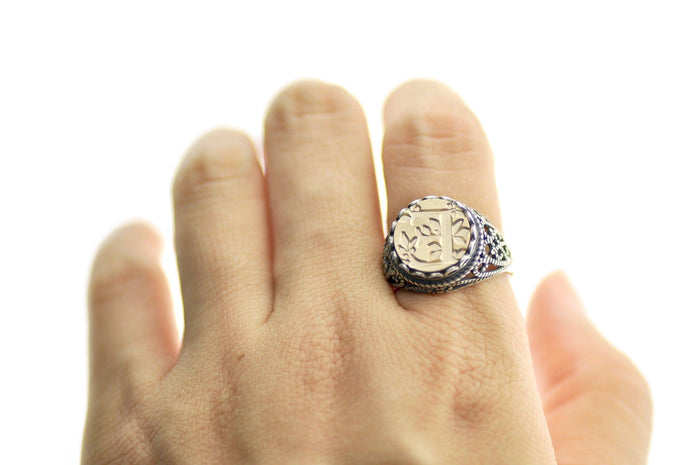 Leafy Initial Signet Ring - Backtozero B20 - 12l, 12mm, 12mm ring, 1initial, accessory, Botanical, Custom, custom ring, Fleur de Lis, her, Initial, jewelry, lace, Leaf, Nature, One Initial, Personalized, ring, signet ring, size 10, size 7, size 8, size 9, wax seal, wax seal ring, wax seal stamp, wreath