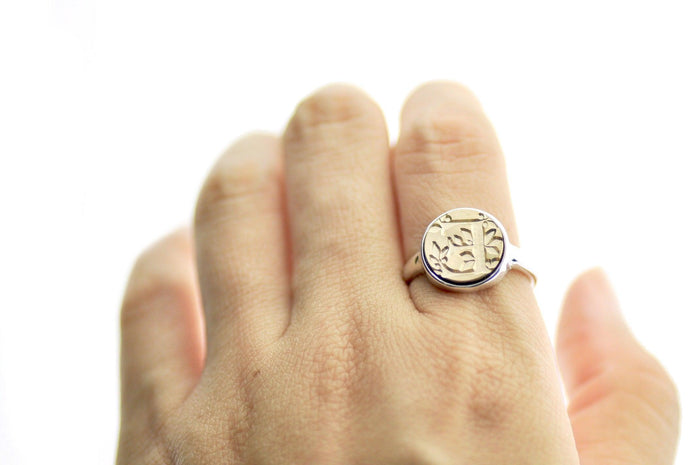 Leafy Initial Signet Ring - Backtozero B20 - 12mm, 12mm ring, 12mn, 1initial, accessory, Custom, custom ring, her, Initial, jewelry, Leaf, Nature, One Initial, Personalized, ring, signet ring, wax seal, wax seal ring, wax seal stamp, wreath