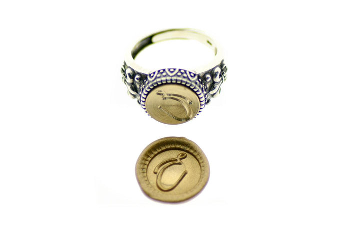 Linen & Leaf Modern Calligraphy Initial Signet Ring - Backtozero B20 - 1 initial, 12f, 12mm, 12mm ring, 1initial, accessory, Calligraphy, collaboration, fancy, him, initial ring, jewelry, Monogram, One Initial, ring, signet ring, size 10, size 11, size 8, size 9, wax seal, wax seal stamp