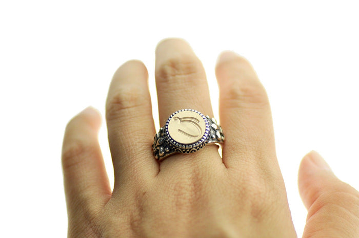 Linen & Leaf Modern Calligraphy Initial Signet Ring - Backtozero B20 - 1 initial, 12f, 12mm, 12mm ring, 1initial, accessory, Calligraphy, collaboration, fancy, him, initial ring, jewelry, Monogram, One Initial, ring, signet ring, size 10, size 11, size 8, size 9, wax seal, wax seal stamp