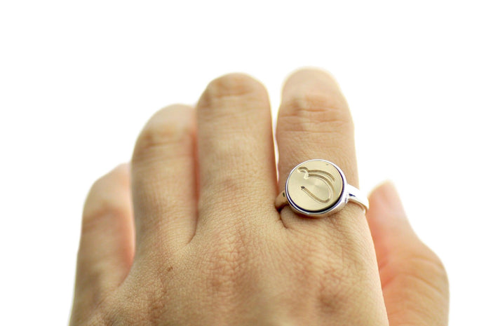 Linen & Leaf Modern Calligraphy Initial Signet Ring - Backtozero B20 - 1 initial, 12mm, 12mm ring, 12mn, 1initial, accessory, Calligraphy, collaboration, fancy, her, initial ring, jewelry, Monogram, One Initial, ring, signet ring, wax seal, wax seal stamp