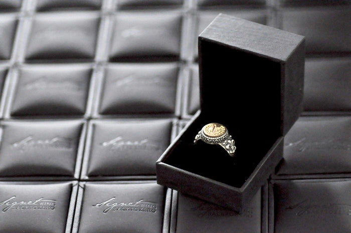 Linen & Leaf Modern Calligraphy Initial Signet Ring - Backtozero B20 - 1 initial, 12mm, 12mm ring, 12mn, 1initial, accessory, Calligraphy, collaboration, fancy, her, initial ring, jewelry, Monogram, One Initial, ring, signet ring, wax seal, wax seal stamp