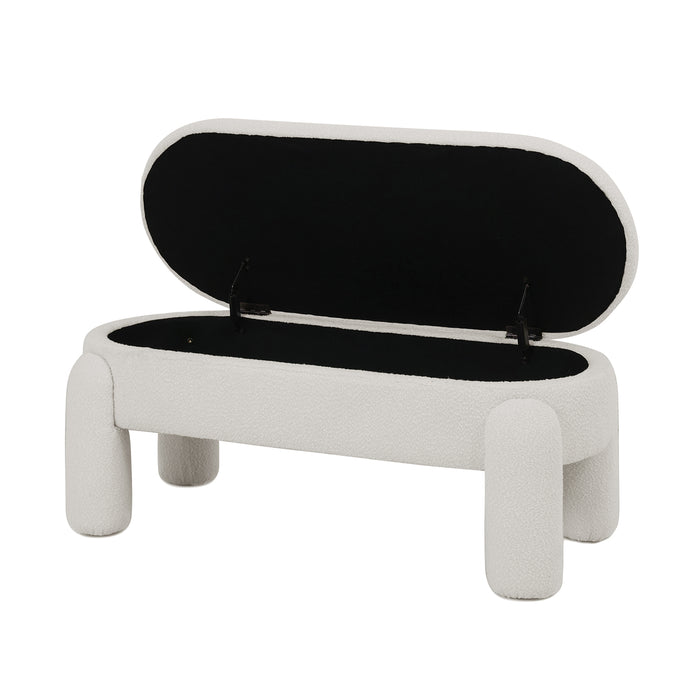 Lonea Bouclé Upholstered Bench with Storage in light beige, showcasing a plush boucle fabric, solid wood frame, and hidden storage compartment, perfect for modern living spaces.