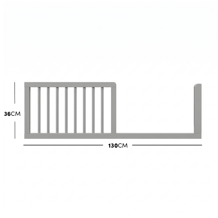 Light grey timber toddler bed safety guard rail with dimensions diagram.