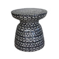 Luna 38cm Mother of Pearl Inlay Coffee Table, showcasing intricate mother-of-pearl mosaic detailing on its surface, highlighting its sleek, circular design and sophisticated craftsmanship.