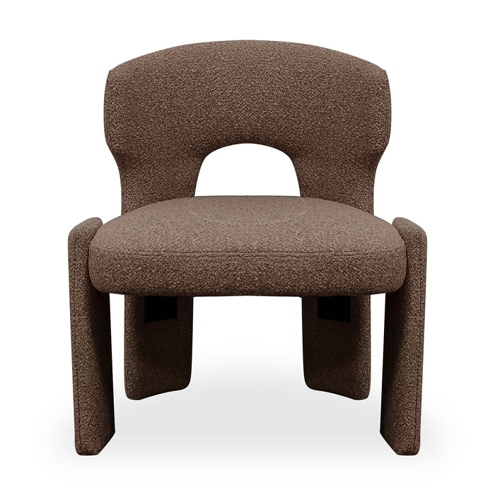 Lunari Bouclé Curved Accent Chair in Brown features a sculptural design with a curved seat, rounded backrest with a cut-out, and thick legs, exuding modern elegance and comfort.