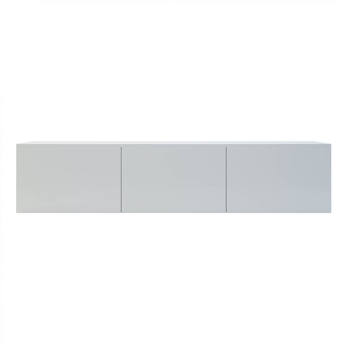 Luxo Bryan Floating Entertainment Unit in Pure White, showcasing a sleek, modern design with three handle-less cabinets. Ideal for tidy cable management and stylishly displaying gaming consoles and decor.