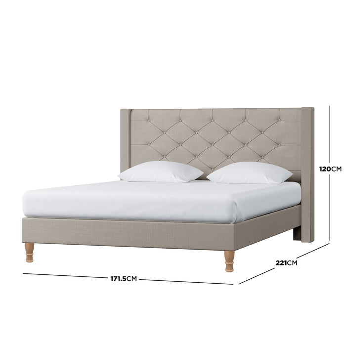 Maggie Queen Winged Fabric Bed Frame in Warm Grey, featuring a button-tufted wing-style headboard and turned wooden legs, with dimensions 171.5 cm wide, 221 cm long, and 120 cm tall.