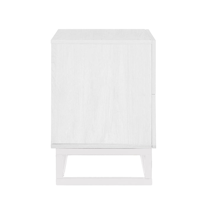 Manuel 2 Drawer Storage Bedside Table White, featuring a modern design with a clean white wood-grain finish, single front door, elevated on a matching white metal-frame base.