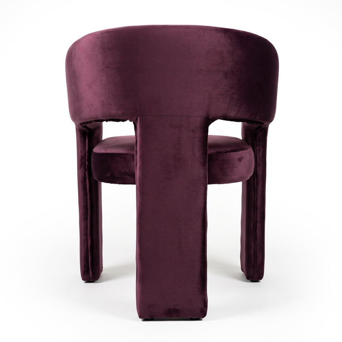 Back view of full plum velvet chair on white background