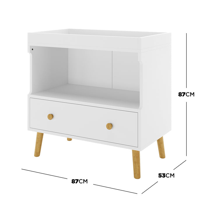 Mariella Solid Pine Baby Change Table with Storage Drawer & Shelf – White, featuring a compact, sturdy design with a spacious drawer and open shelf, perfect for organizing nursery essentials.