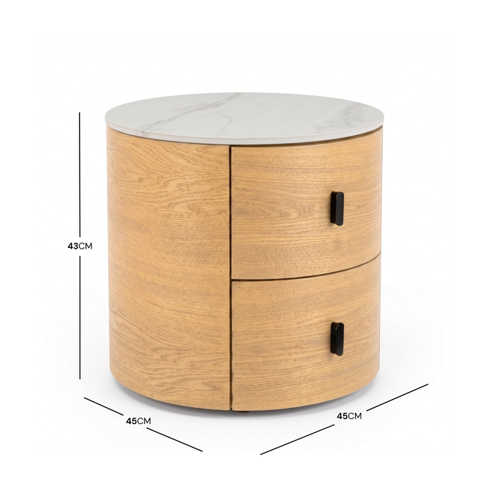 Round wooden side table with dimensions labeled 43 cm high and 45 cm diameter