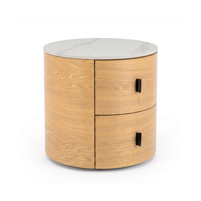 Modern round light wood nightstand with marble-look top on white background