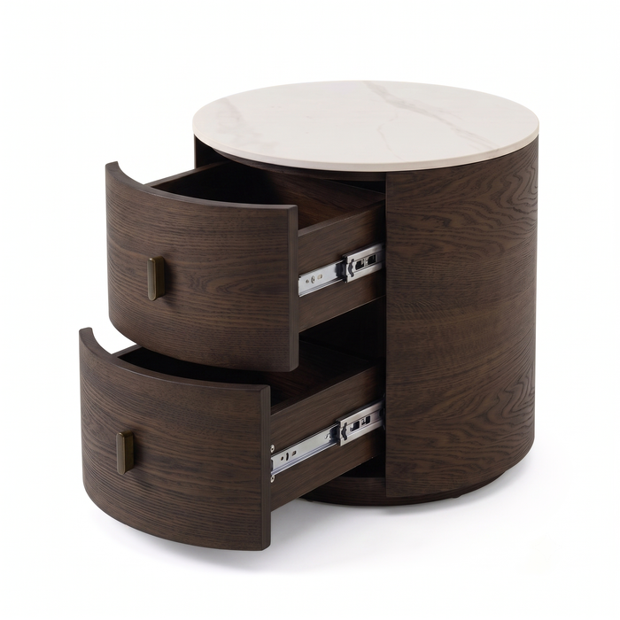 Round wooden side table with white top and open drawers on a white background.
