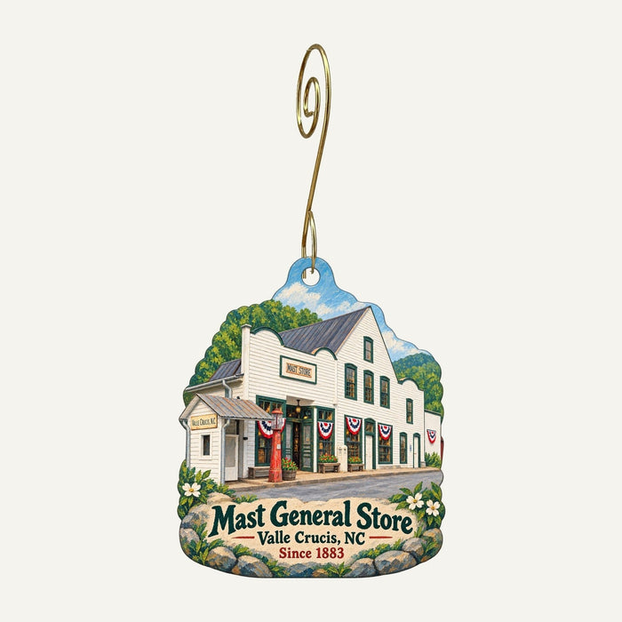 Mast General Store Logo custom wood ornament OC74 hanging on hook