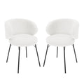 Meily Boucle Dining Chair Set of 2 in Cream White features modern design with round, padded seats and low, curved backrests upholstered in white boucle fabric, supported by slender black metal legs.