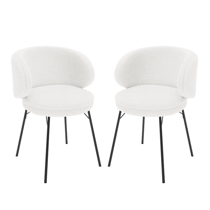 Meily Boucle Dining Chair Set of 2 in Cream White features modern design with round, padded seats and low, curved backrests upholstered in white boucle fabric, supported by slender black metal legs.