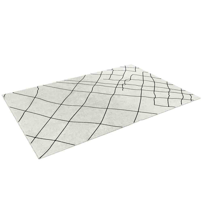 Melody Black & White Modern Rug 120x170cm features abstract black lines on an ivory surface, showcasing a Scandinavian design. Ideal for dining or living rooms, it's durable and easy to maintain.