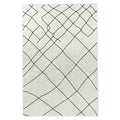 Melody Black & White Modern Rug 160x230cm features black abstract lines on an ivory background, ideal for minimalist spaces, with a soft, durable poly-cotton backing suitable for high-traffic areas.
