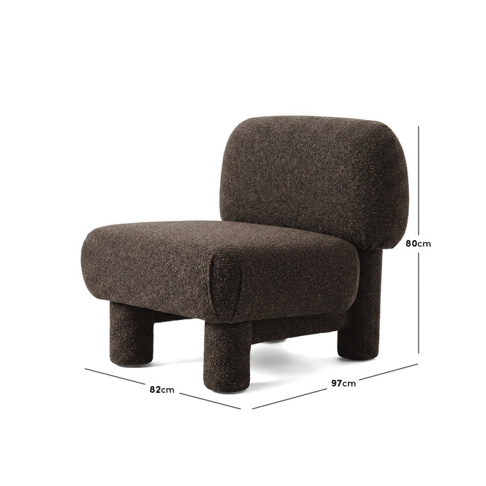 Dark brown accent chair on white background with dimension lines and measurements