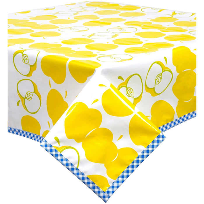freckled sage mod apple yellow oilcloth tablecloth with blue gingham trim