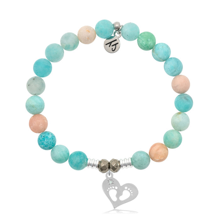 Multi Amazonite Stone Bracelet with Baby Feet Sterling Silver Charm