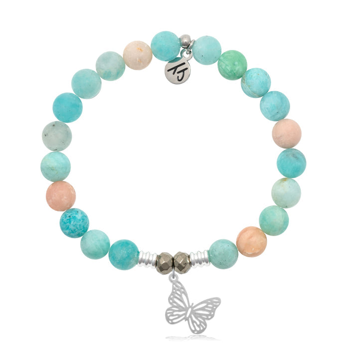 Multi Amazonite Stone Bracelet with Butterfly Sterling Silver Charm
