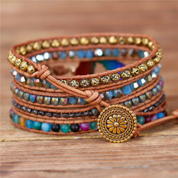 Natural Agate, Lava Stone & Rainbow Druzy Leather Wrap Bracelet